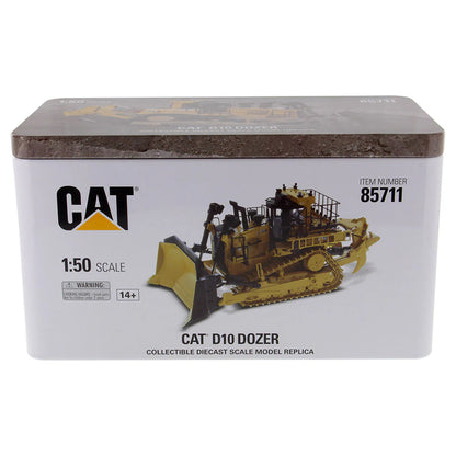 Boxed model of a CAT D10 Dozer with branding and specifications on a white background