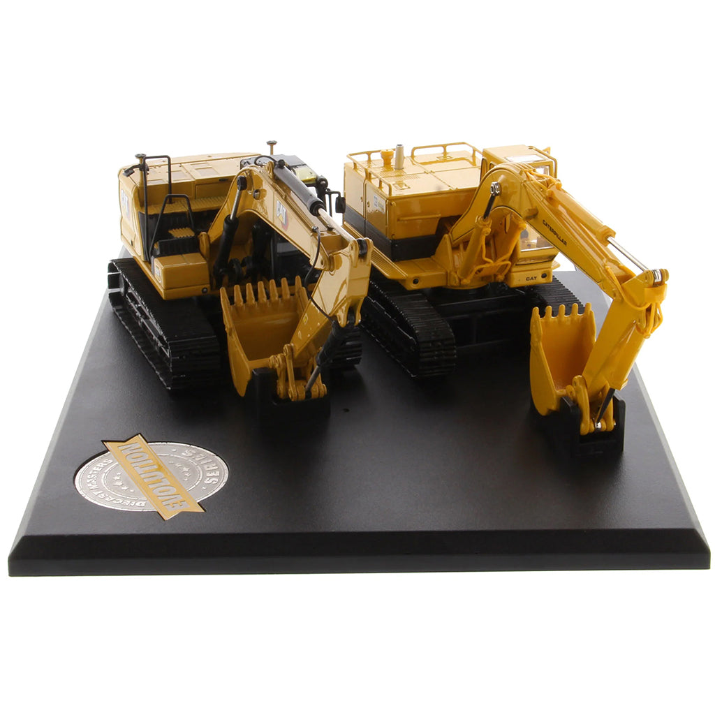 Two Caterpillar Excavator Models on a Black Base and White Background