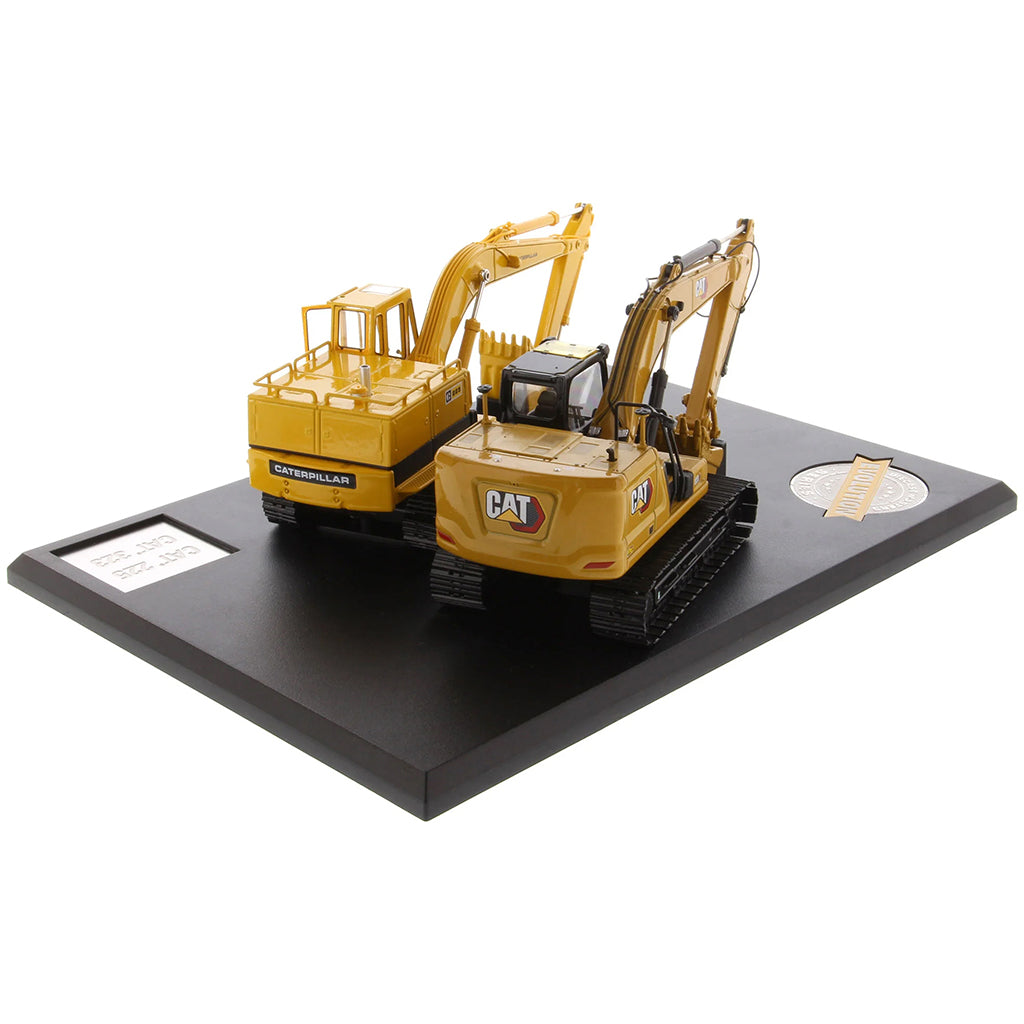 Two Caterpillar Excavator Models on a Black Base and White Background
