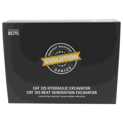 Box for collectible diecast scale model replicas of CAT 225 and CAT 323 excavators, featuring 'Evolution' series branding.