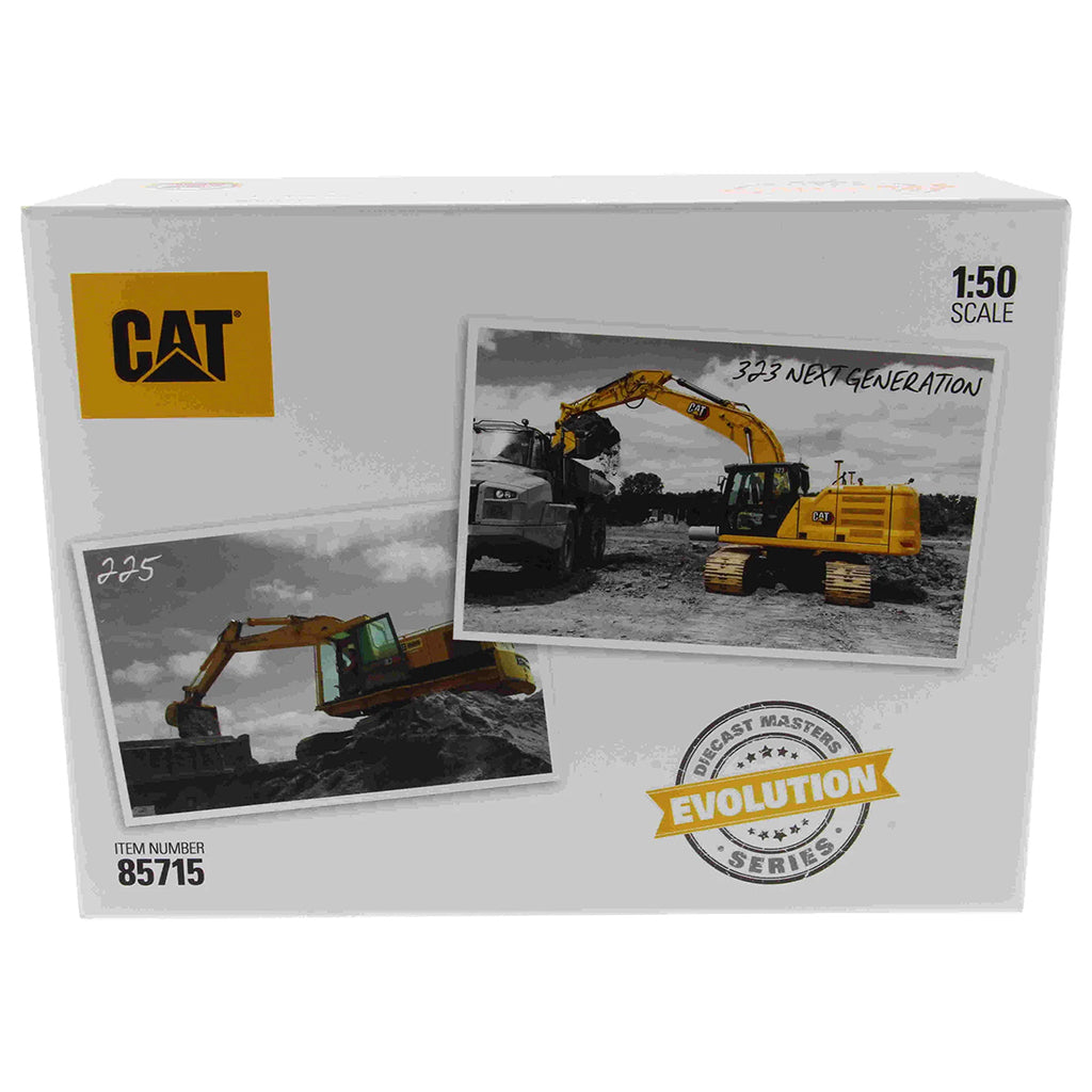 Box for a Caterpillar model excavator with images and branding on a white background
