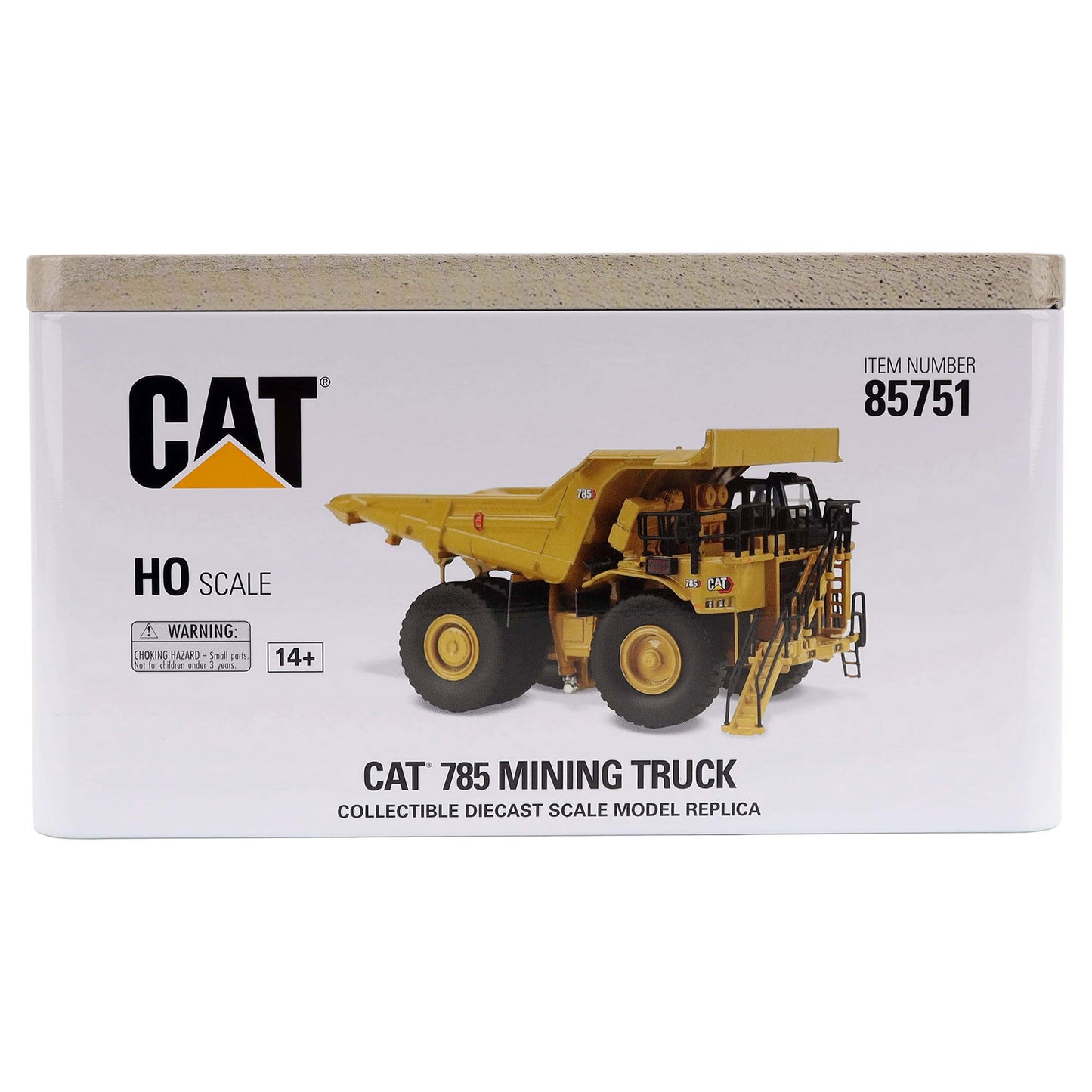 Metal Tin Box Packaging for a 1:87th Scale Diecast Model of a Caterpillar 785 Mining Truck with Cat Branding, Item Number and HO Scale Photographed on a White Background
