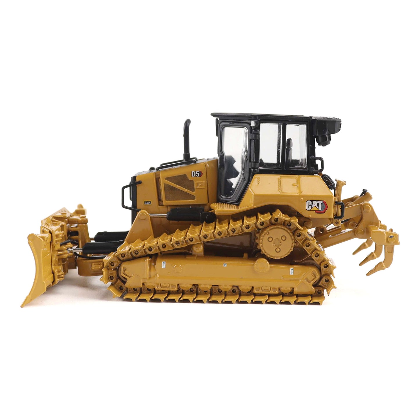1:50th Scale Diecast Model of a Yellow & Black Caterpillar D5 LGP Dozer with Foldable Front Blade and Rear Ripper Photographed on a White Background