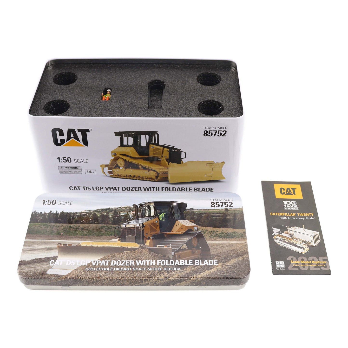 Metal Tin Box Packaging with CAT branding and Full Color Pictures for a CAT D5 LGP VPAT Dozer with Foldable Blade Photographed on a White Background
