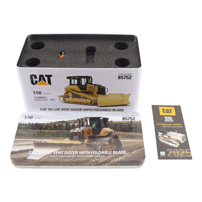 Metal Tin Box Packaging with CAT branding and Full Color Pictures for a CAT D5 LGP VPAT Dozer with Foldable Blade Photographed on a White Background