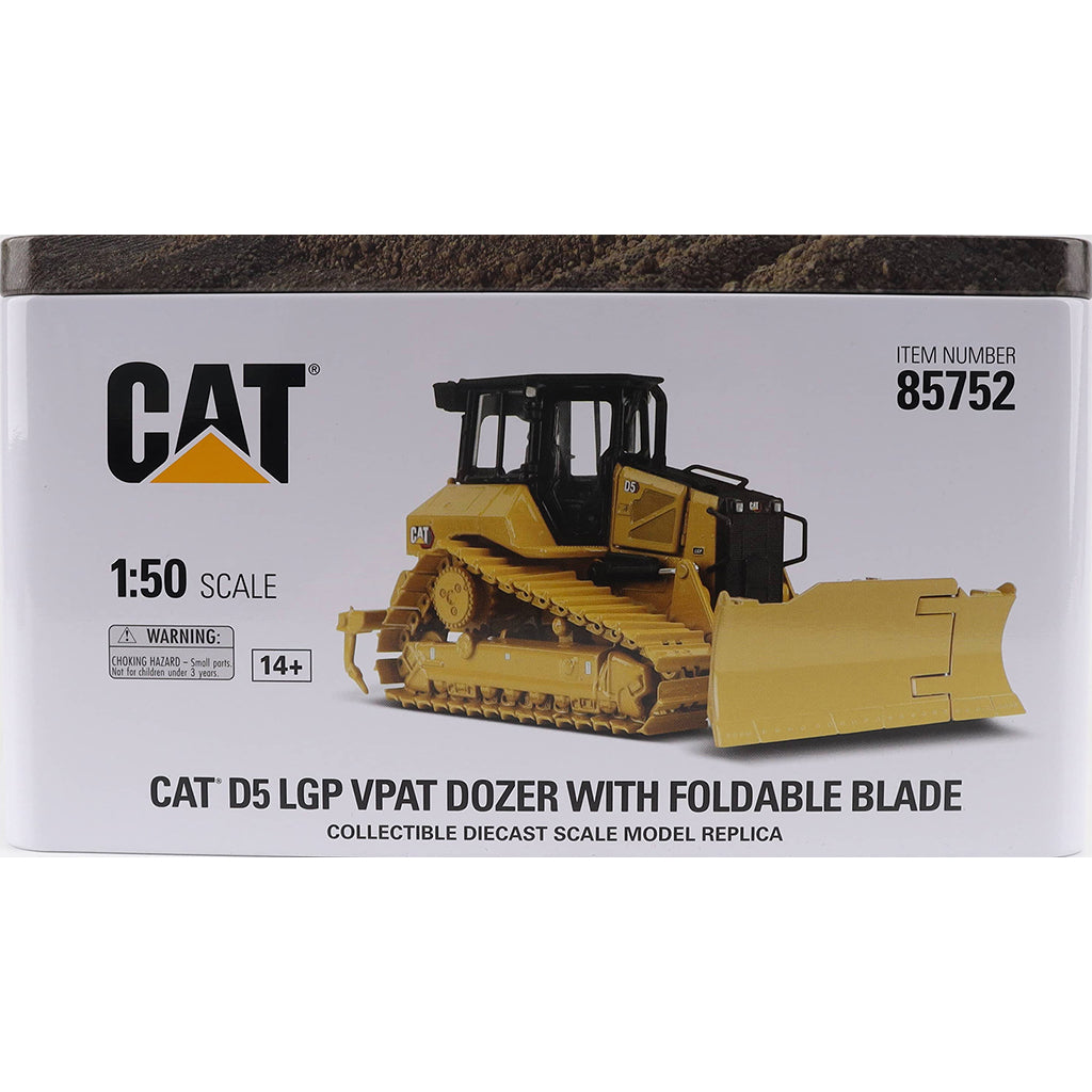 Metal Tin Box Packaging with CAT branding and Full Color Pictures for a CAT D5 LGP VPAT Dozer with Foldable Blade Photographed on a White Background