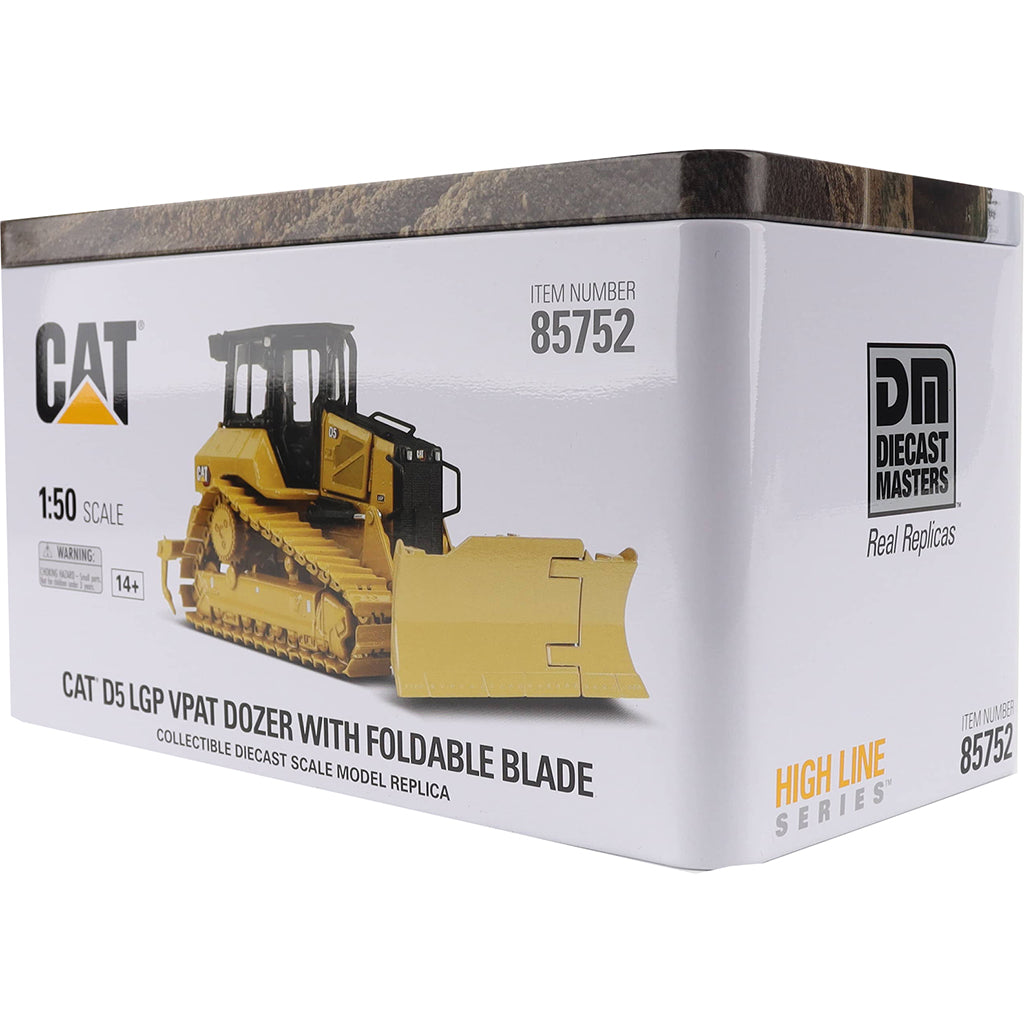 Metal Tin Box Packaging with CAT branding and Full Color Pictures for a CAT D5 LGP VPAT Dozer with Foldable Blade Photographed on a White Background