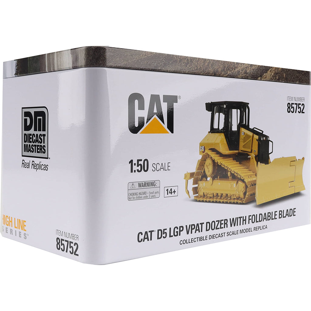 Metal Tin Box Packaging with CAT branding and Full Color Pictures for a CAT D5 LGP VPAT Dozer with Foldable Blade Photographed on a White Background