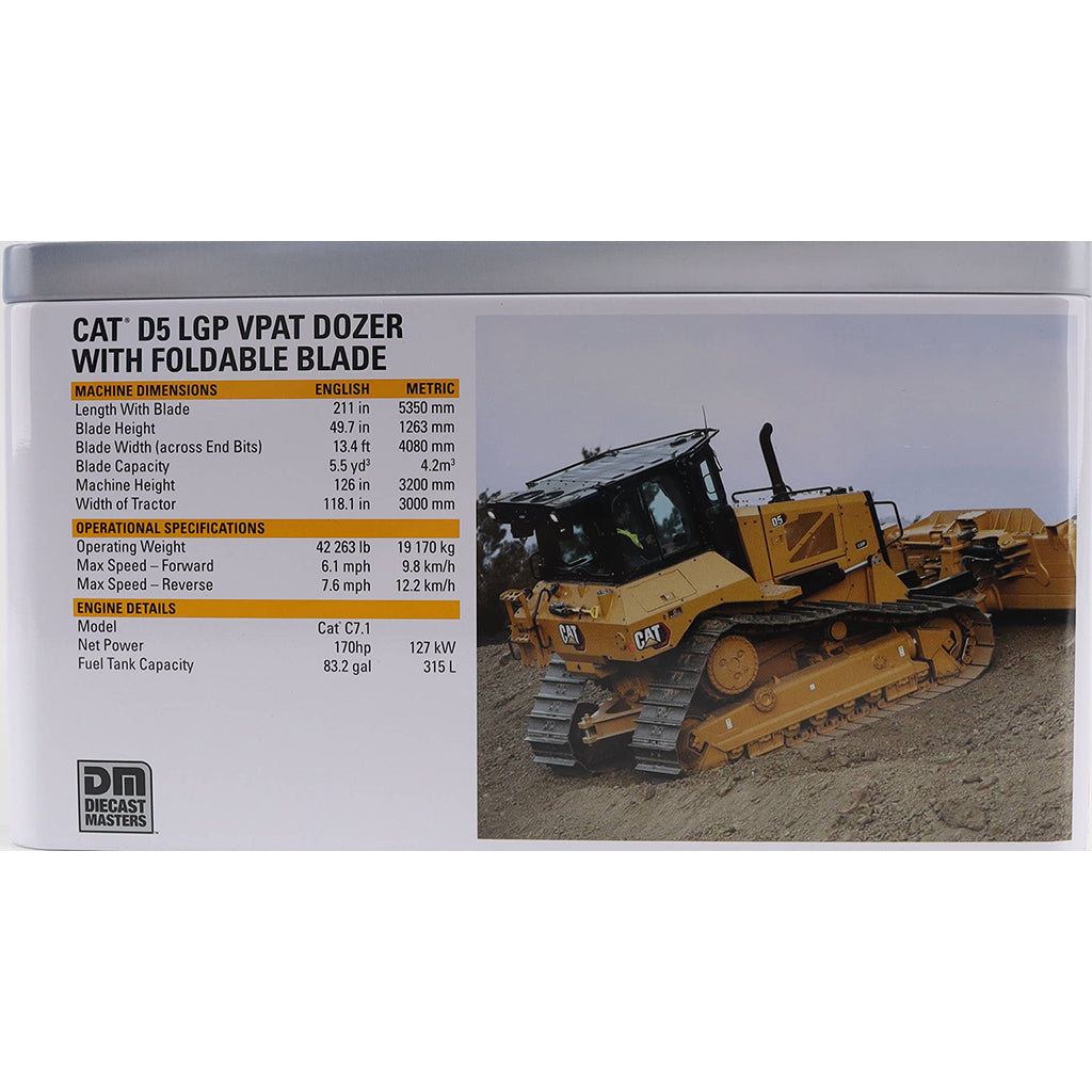 Metal Tin Box Packaging with CAT branding and Full Color Pictures for a CAT D5 LGP VPAT Dozer with Foldable Blade Photographed on a White Background