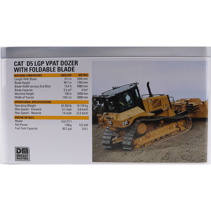 Metal Tin Box Packaging with CAT branding and Full Color Pictures for a CAT D5 LGP VPAT Dozer with Foldable Blade Photographed on a White Background