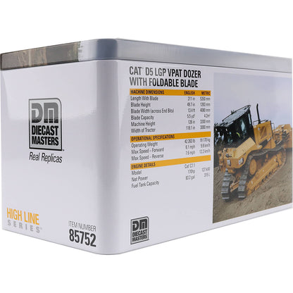Metal Tin Box Packaging with CAT branding and Full Color Pictures for a CAT D5 LGP VPAT Dozer with Foldable Blade Photographed on a White Background