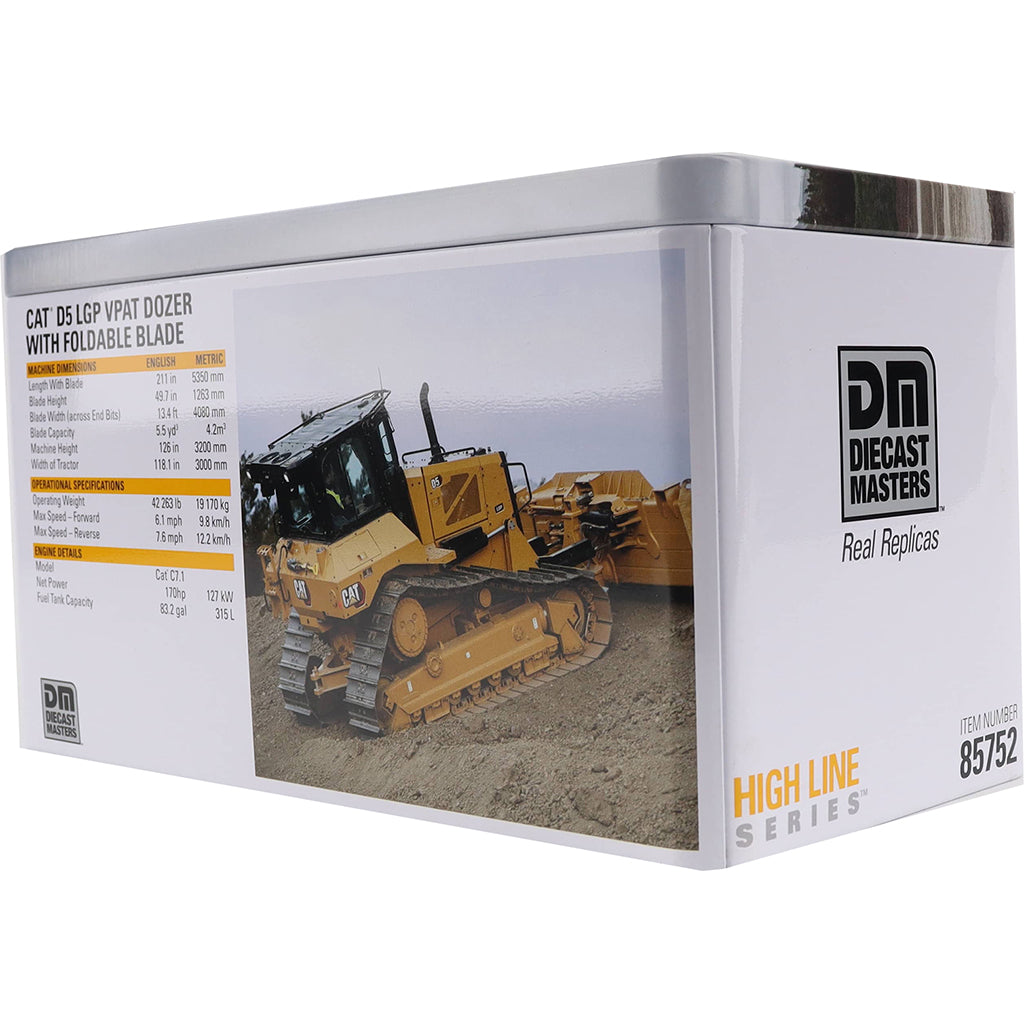Metal Tin Box Packaging with CAT branding and Full Color Pictures for a CAT D5 LGP VPAT Dozer with Foldable Blade Photographed on a White Background