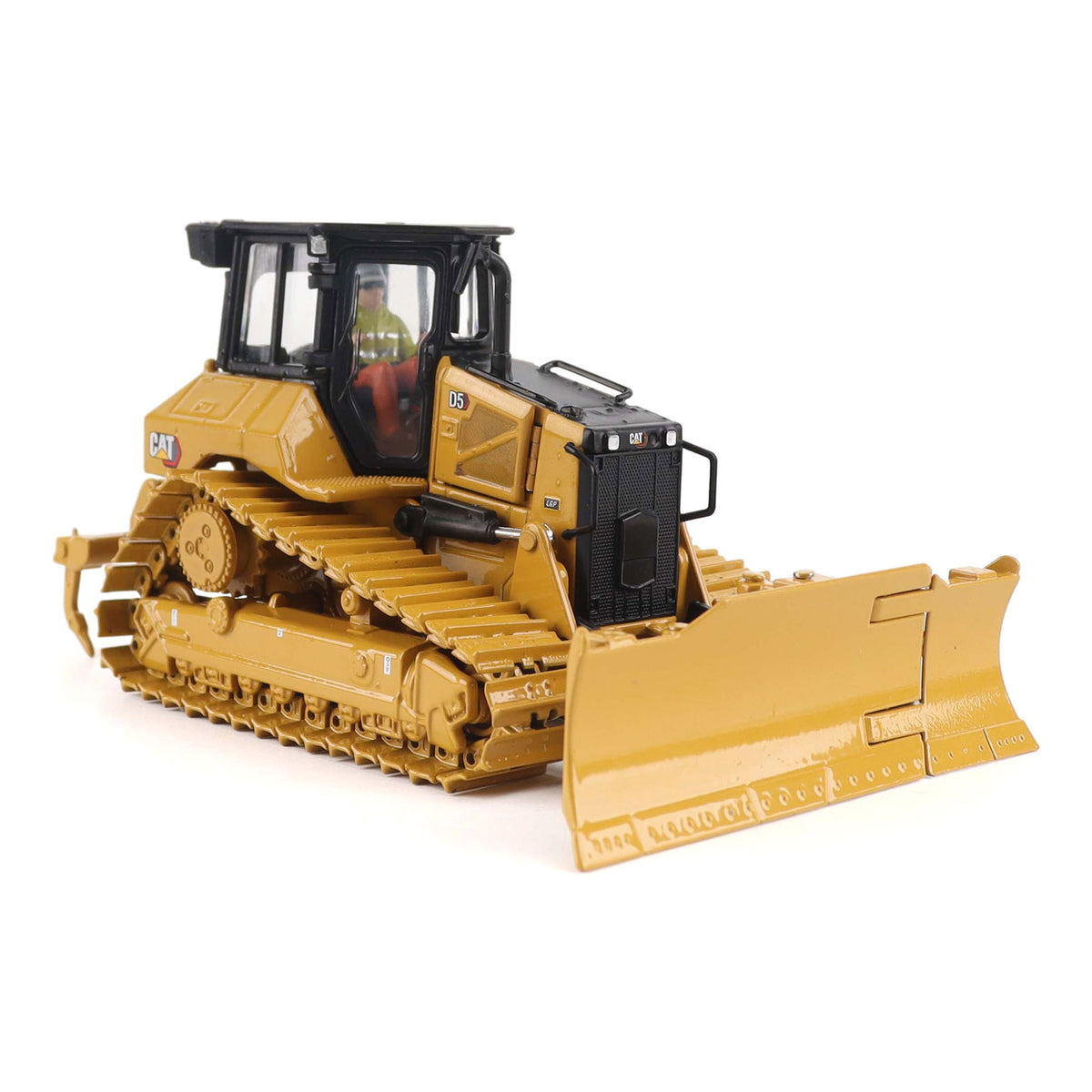 1:50th Scale Diecast Model of a Yellow & Black Caterpillar D5 LGP Dozer with Foldable Front Blade and Rear Ripper Photographed on a White Background