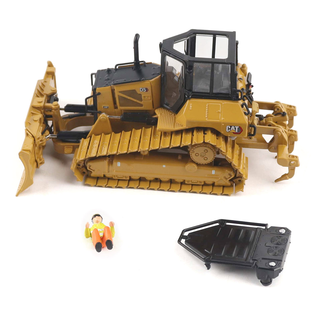 1:50th Scale Diecast Model of a Yellow & Black Caterpillar D5 LGP Dozer with Foldable Front Blade and Rear Ripper Photographed on a White Background