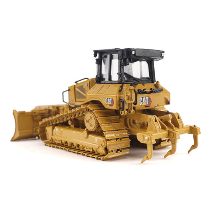 1:50th Scale Diecast Model of a Yellow & Black Caterpillar D5 LGP Dozer with Foldable Front Blade and Rear Ripper Photographed on a White Background