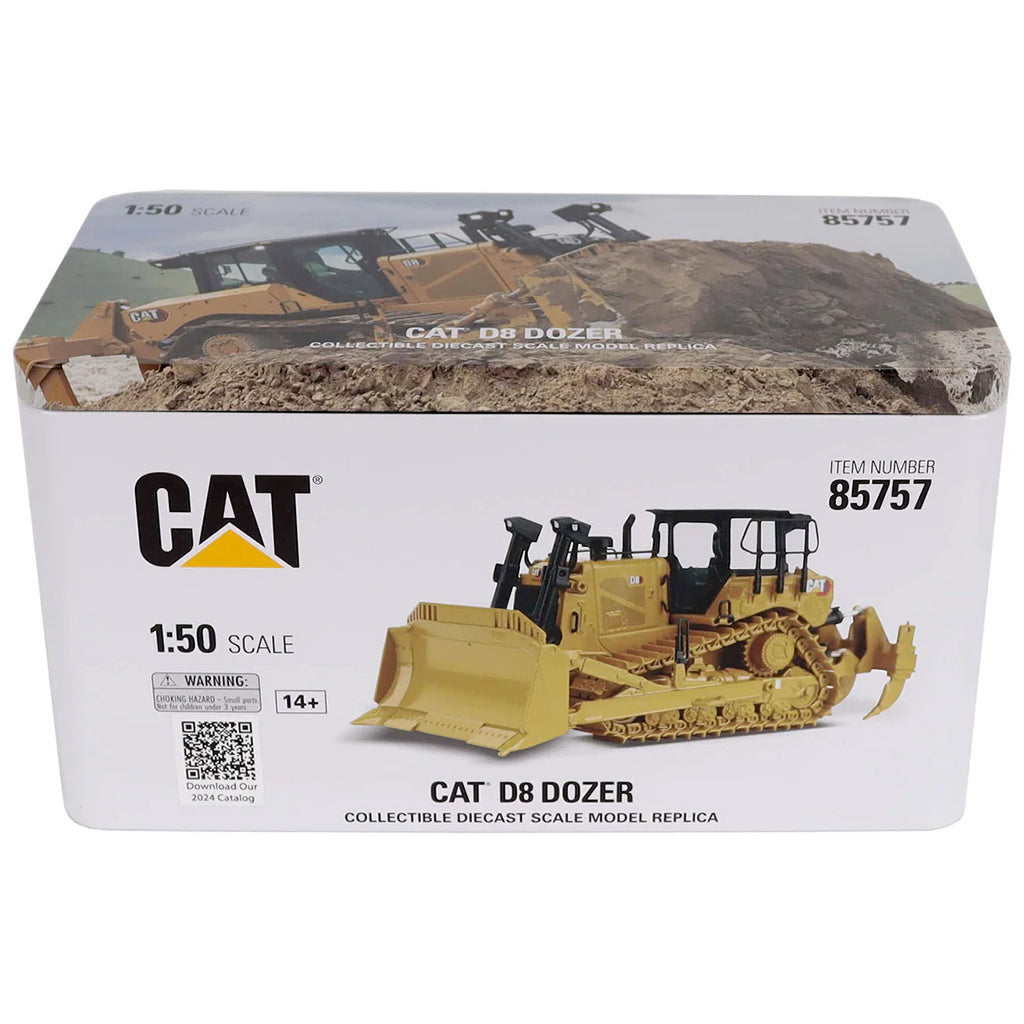 Boxed CAT D8 Dozer model with branding and specifications on a white background