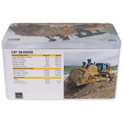 Model of a CAT D8 Dozer on a packaging box with specifications.