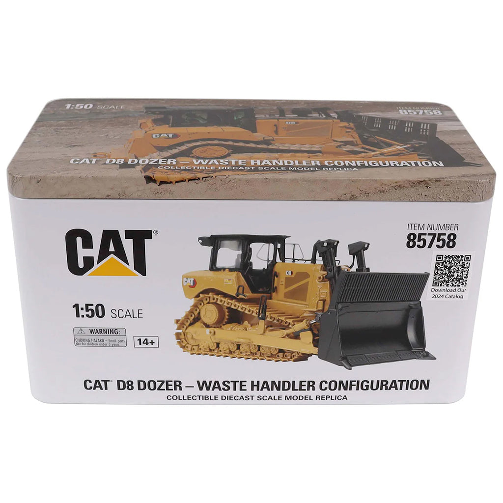 Boxed model of a CAT D8 Dozer with waste handler configuration on a white background