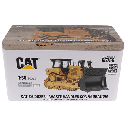 Boxed model of a CAT D8 Dozer with waste handler configuration on a white background