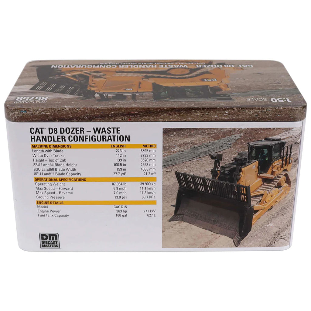 Box for Caterpillar D8 dozer with specifications and images on a white background