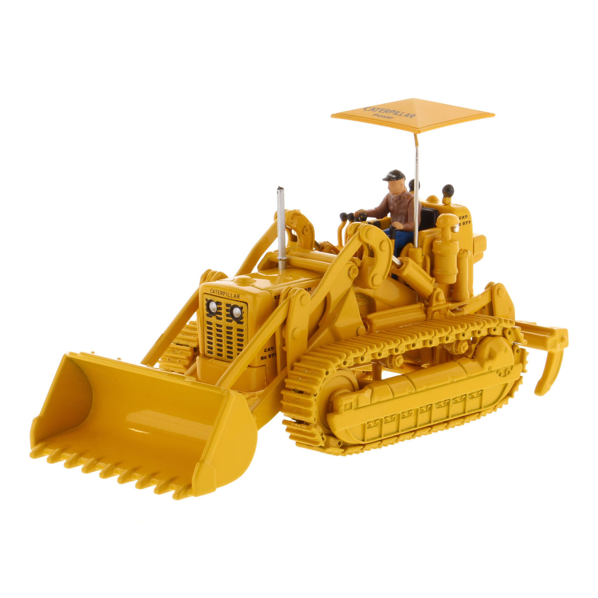 1:50th Scale CAT Yellow Diecast Model of a Caterpillar 977D Traxcavator Track-Type Loader with Driver and Shade Umbrella Photographed on a White Background