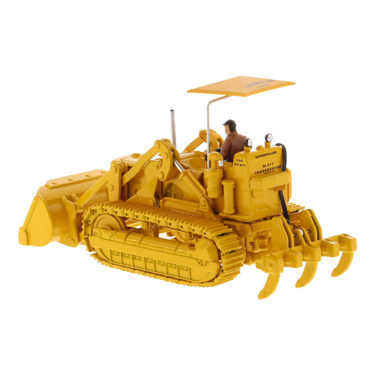 1:50th Scale CAT Yellow Diecast Model of a Caterpillar 977D Traxcavator Track-Type Loader with Driver and Shade Umbrella Photographed on a White Background