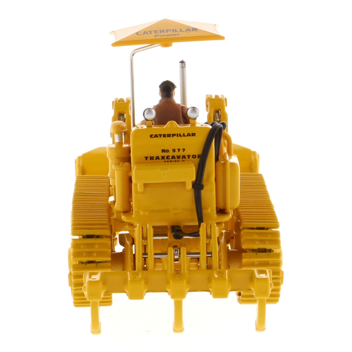 1:50th Scale CAT Yellow Diecast Model of a Caterpillar 977D Traxcavator Track-Type Loader with Driver and Shade Umbrella Photographed on a White Background