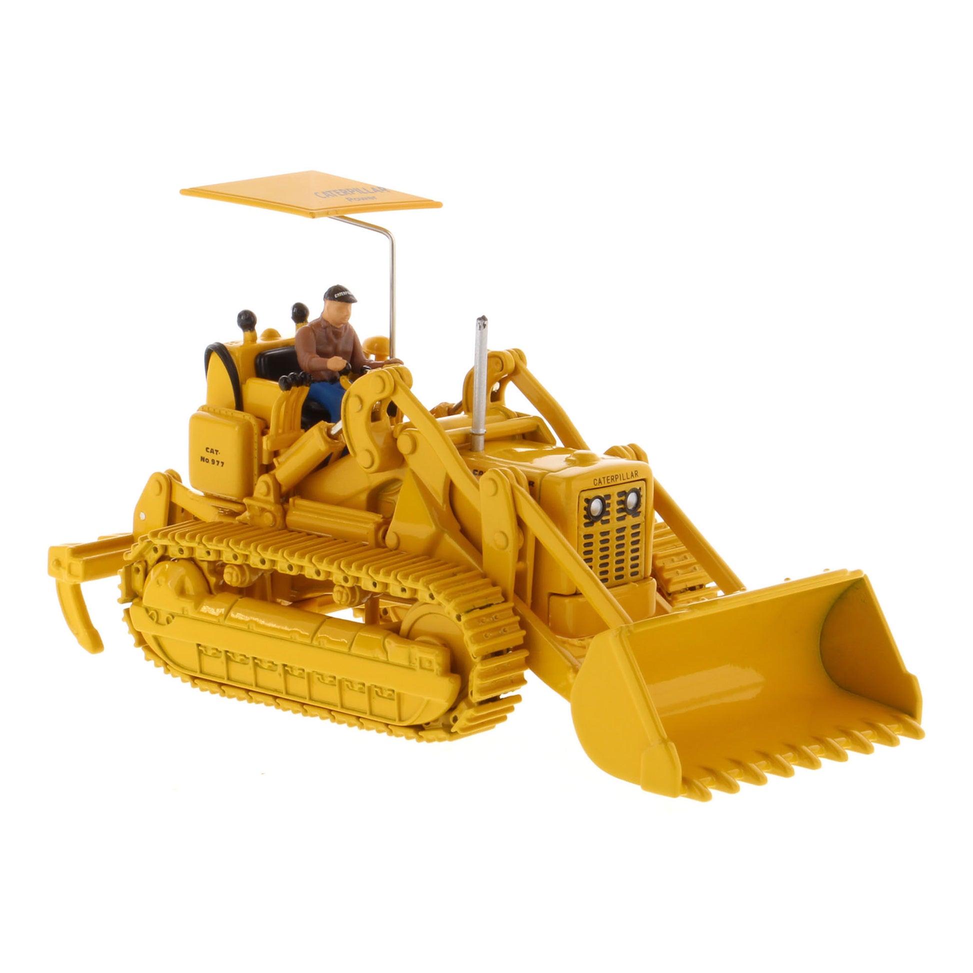 1:50th Scale CAT Yellow Diecast Model of a Caterpillar 977D Traxcavator Track-Type Loader with Driver and Shade Umbrella Photographed on a White Background