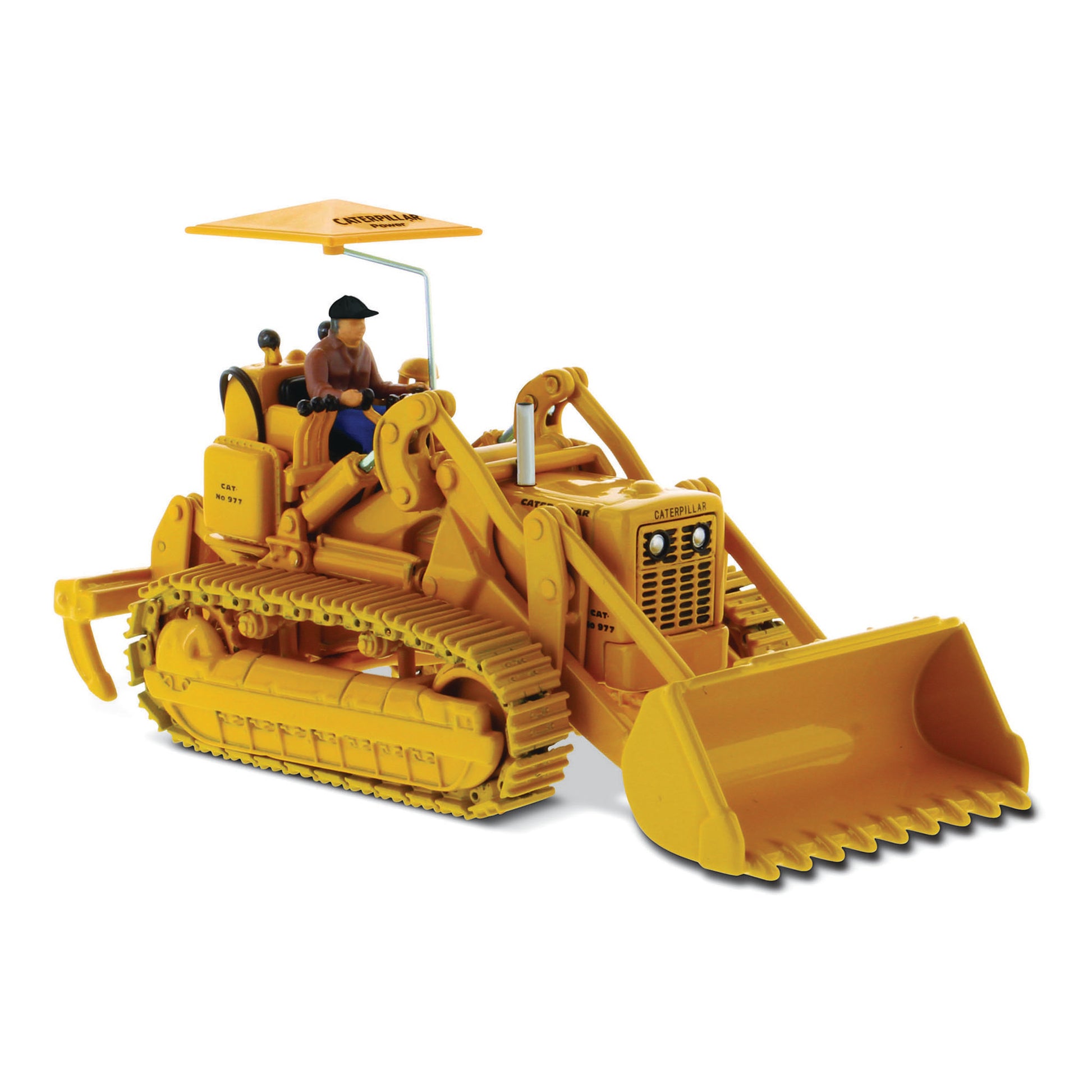 1:50th Scale CAT Yellow Diecast Model of a Caterpillar 977D Traxcavator Track-Type Loader with Driver and Shade Umbrella Photographed on a White Background