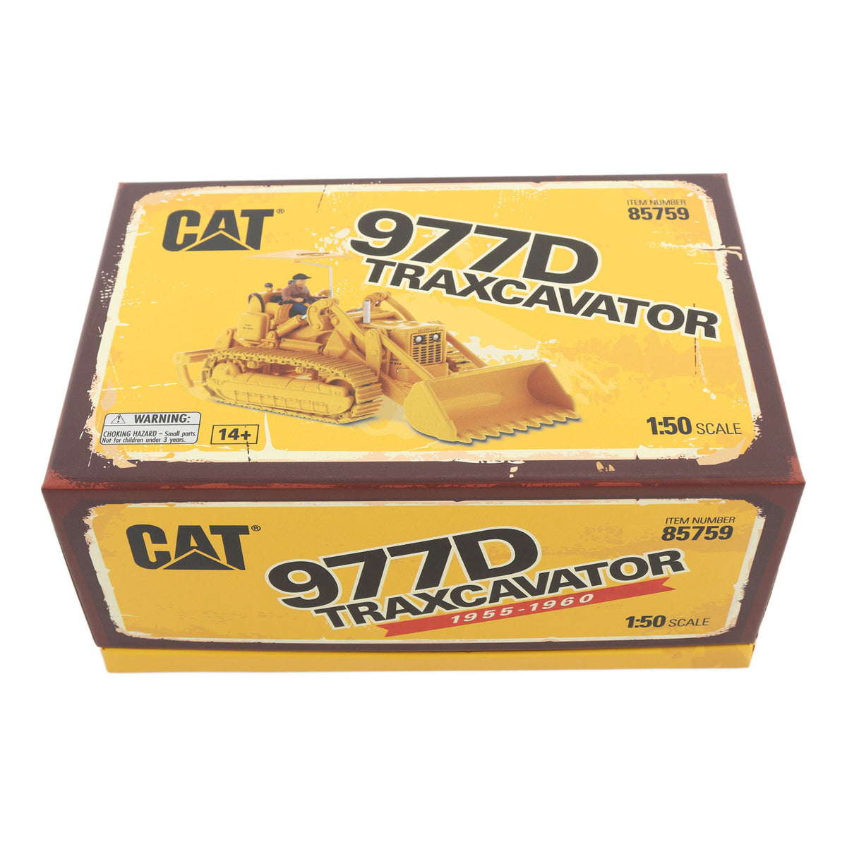 Flip Top Box Packaging with Wore Look Graphics, CAT Branding and Text Photographed on a White Background