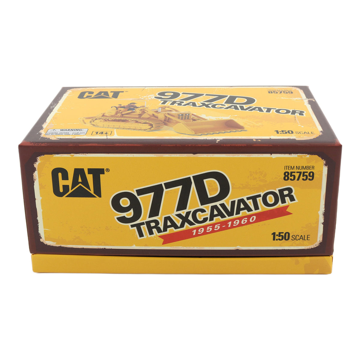 Flip Top Box Packaging with Wore Look Graphics, CAT Branding and Text Photographed on a White Background