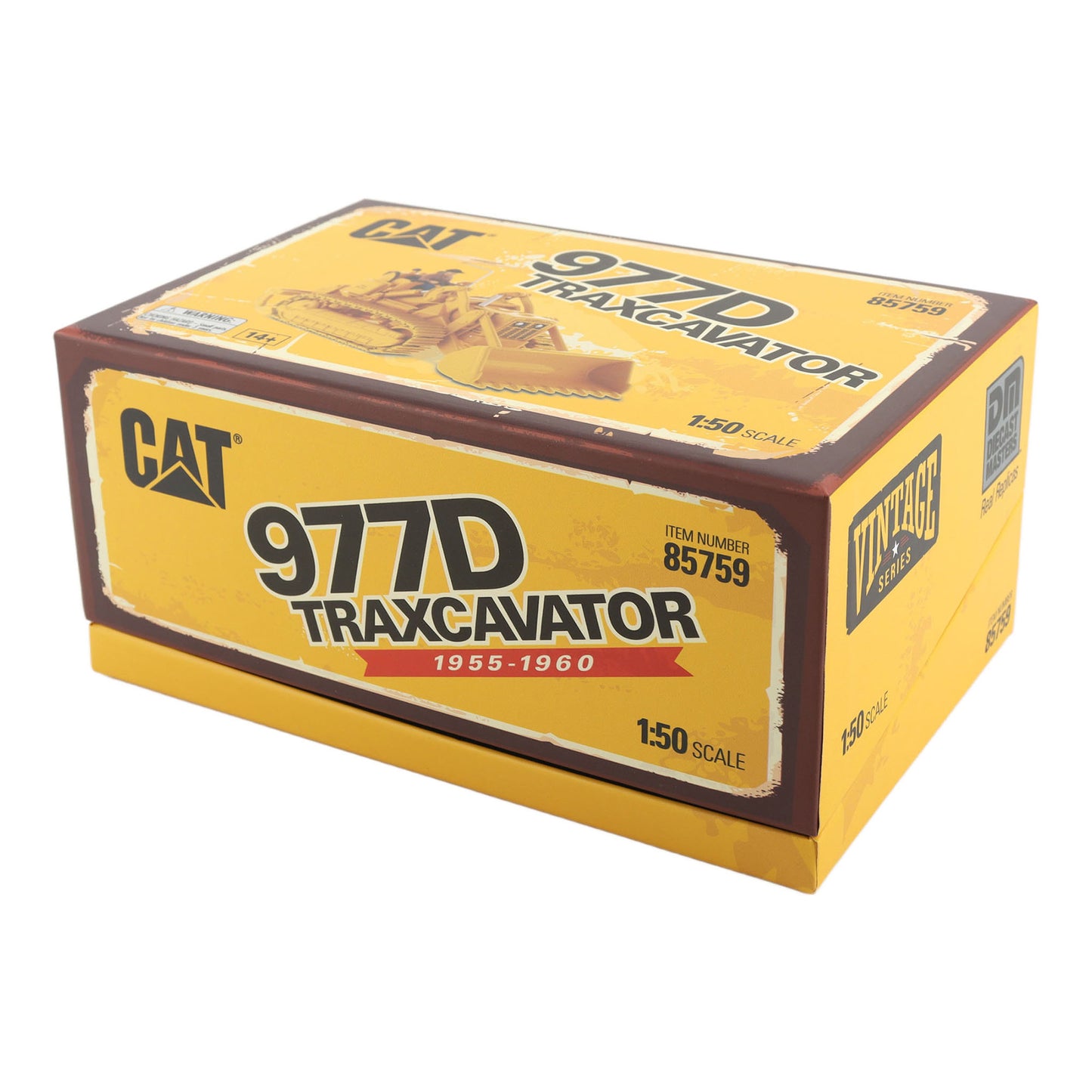 Flip Top Box Packaging with Wore Look Graphics, CAT Branding and Text Photographed on a White Background