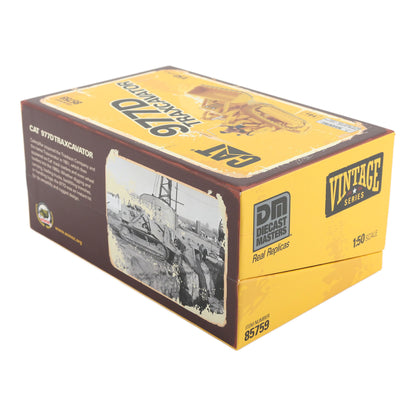 Flip Top Box Packaging with Wore Look Graphics, CAT Branding and Text Photographed on a White Background