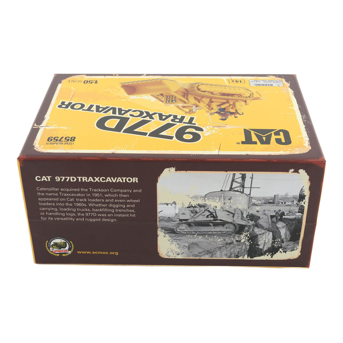 Flip Top Box Packaging with Wore Look Graphics, CAT Branding and Text Photographed on a White Background