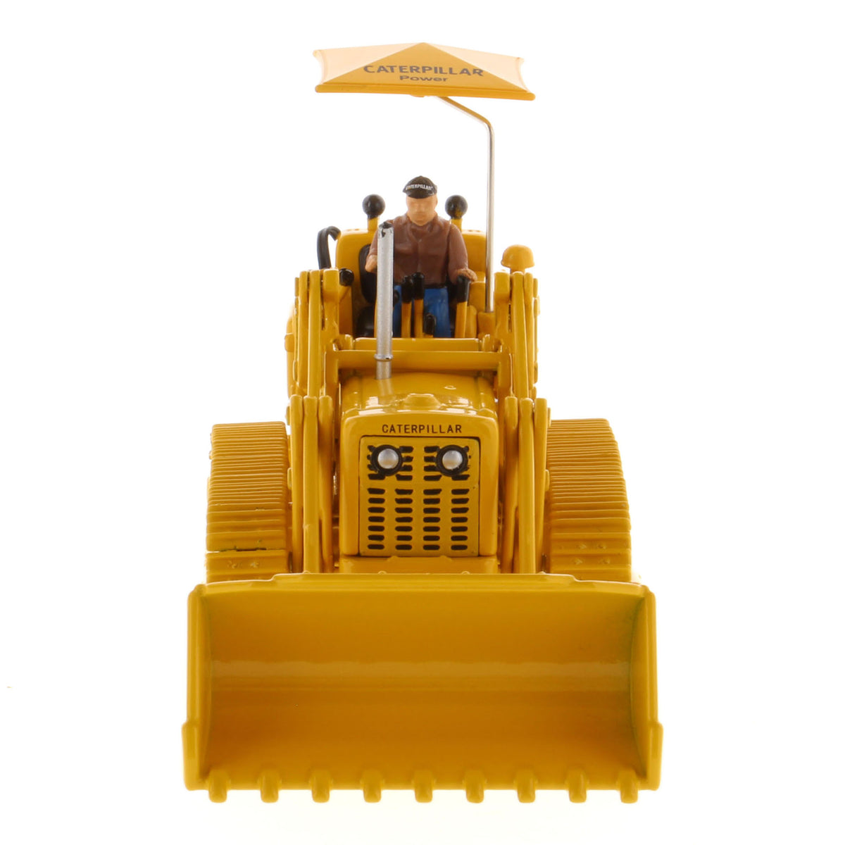1:50th Scale CAT Yellow Diecast Model of a Caterpillar 977D Traxcavator Track-Type Loader with Driver and Shade Umbrella Photographed on a White Background