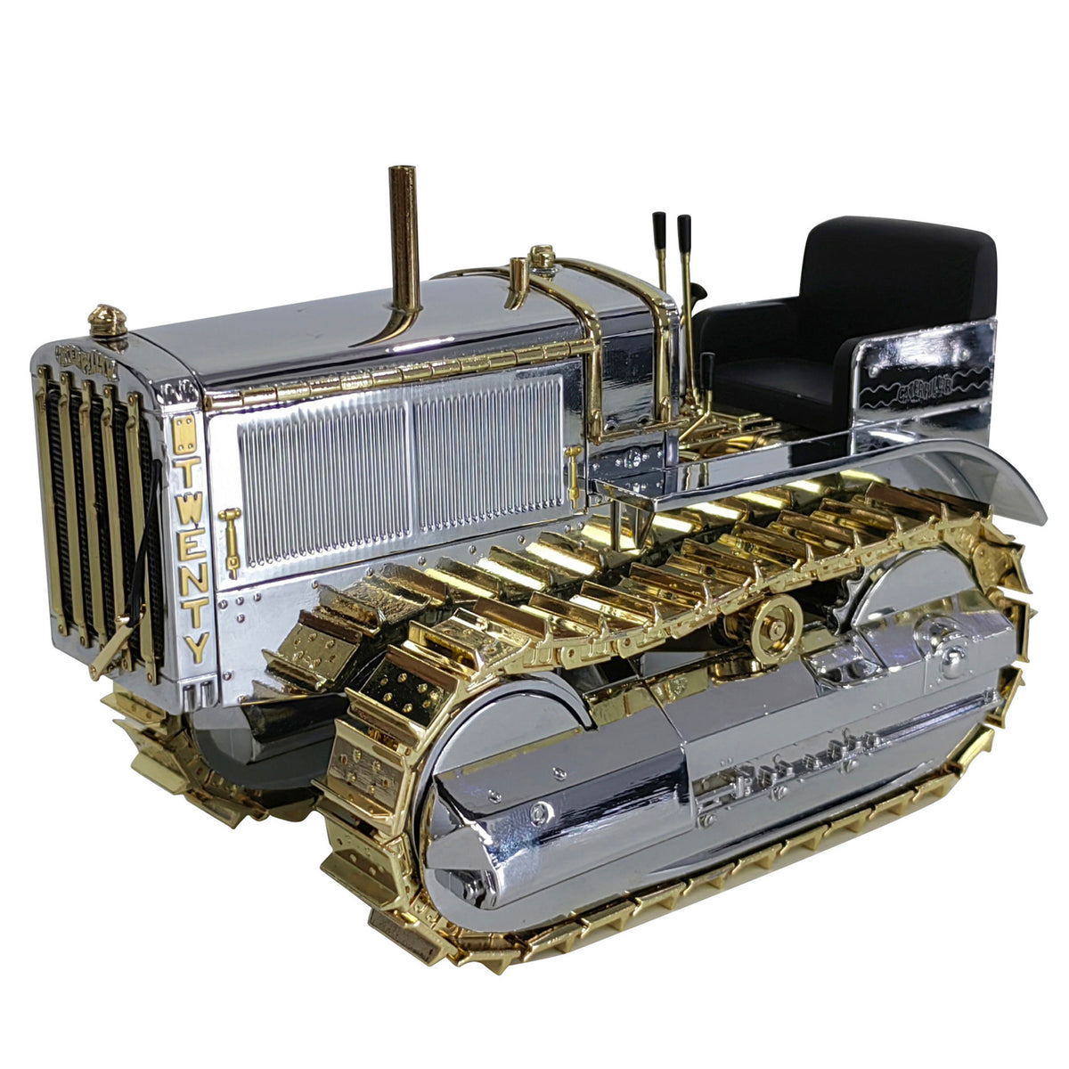 1:16th Scale Diecast Model of a Caterpillar Twenty Crawler Tractor that is Chrome Plated with Gold Plated Accents Photographed on a White Background