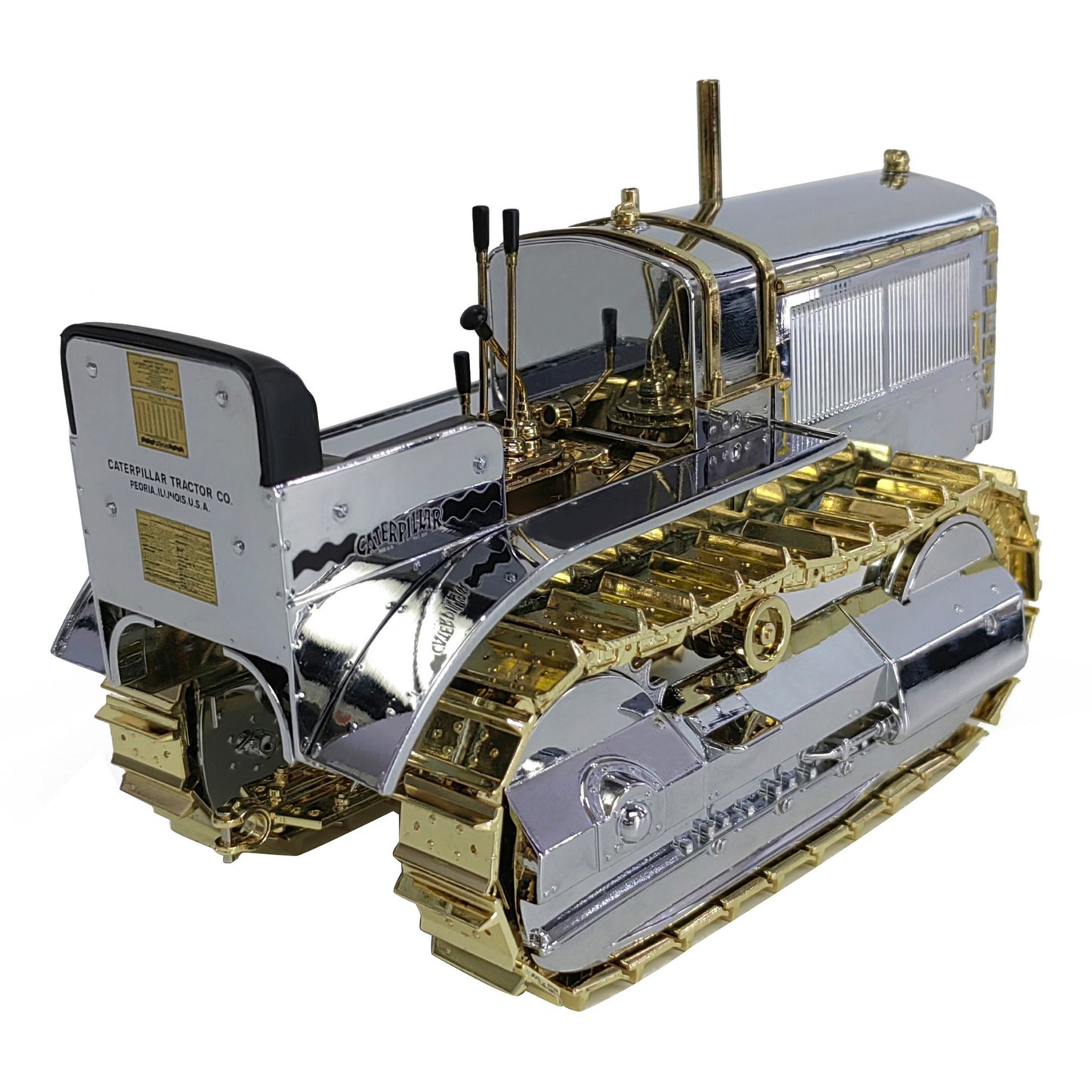 1:16th Scale Diecast Model of a Caterpillar Twenty Crawler Tractor that is Chrome Plated with Gold Plated Accents Photographed on a White Background