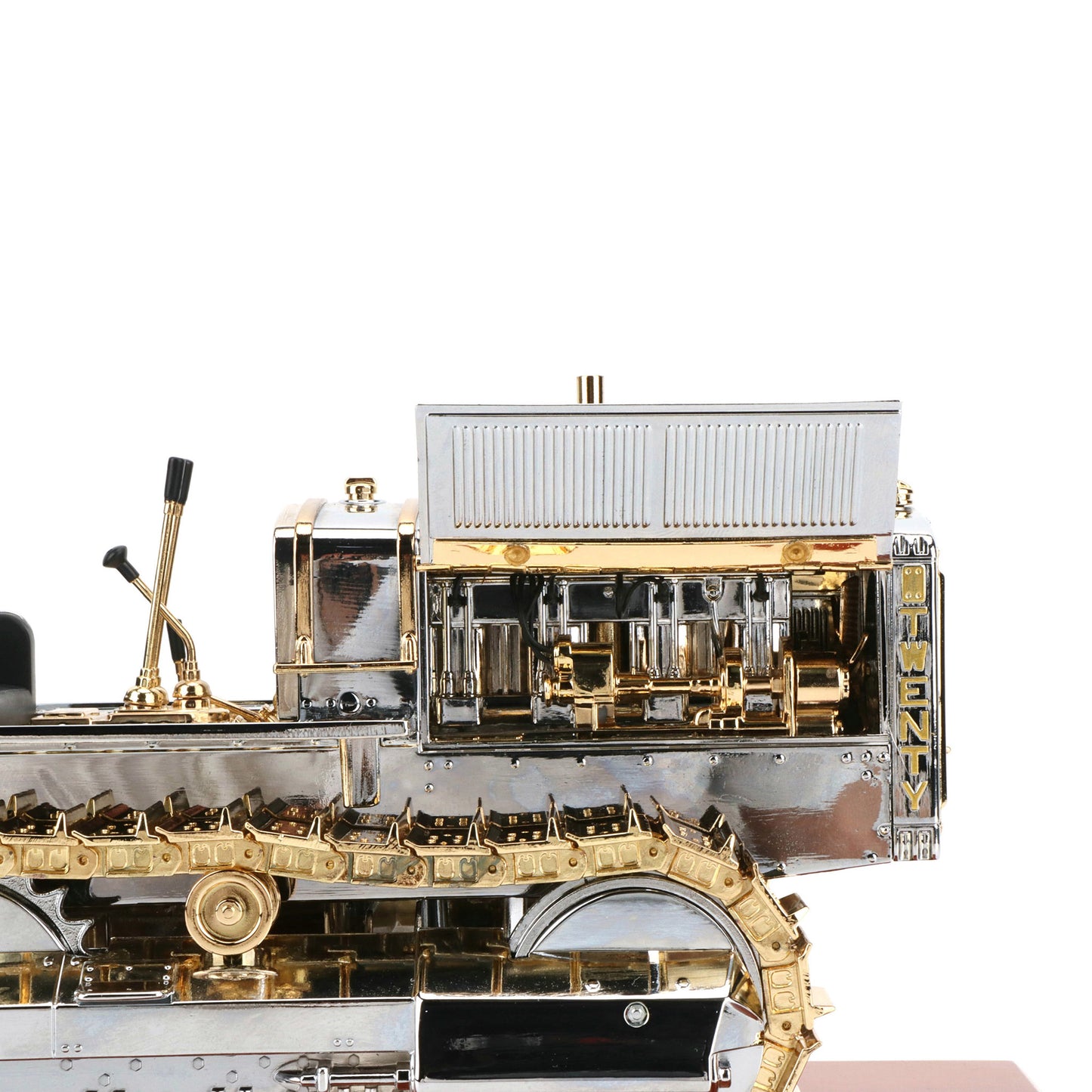 1:16th Scale Diecast Model of a Caterpillar Twenty Crawler Tractor that is Chrome Plated with Gold Plated Accents Photographed on a White Background