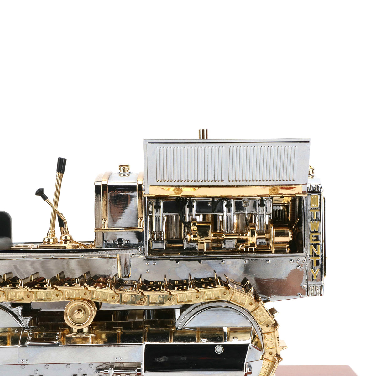1:16th Scale Diecast Model of a Caterpillar Twenty Crawler Tractor that is Chrome Plated with Gold Plated Accents Photographed on a White Background