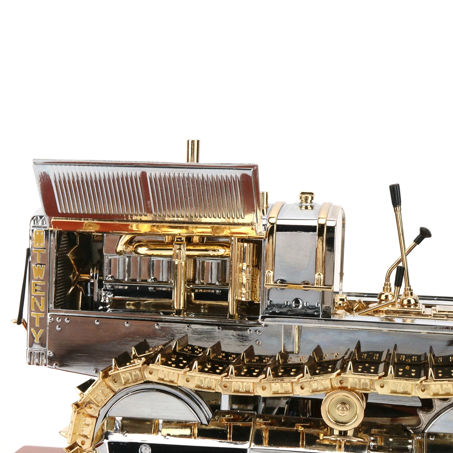 1:16th Scale Diecast Model of a Caterpillar Twenty Crawler Tractor that is Chrome Plated with Gold Plated Accents Photographed on a White Background