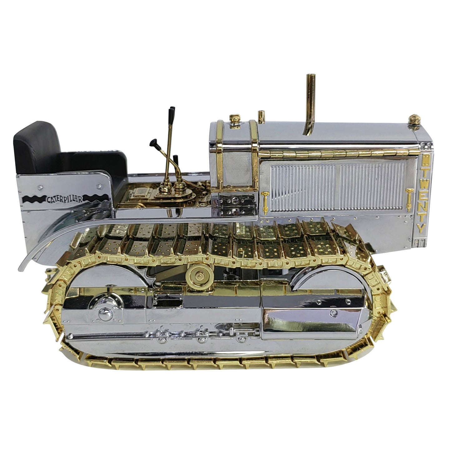 1:16th Scale Diecast Model of a Caterpillar Twenty Crawler Tractor that is Chrome Plated with Gold Plated Accents Photographed on a White Background