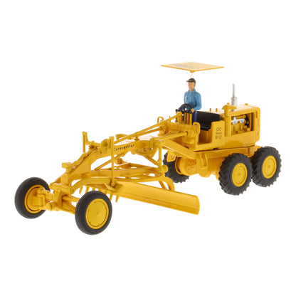 1:50th Scale CAT Yellow Diecast Model of a Caterpillar No. 12 Road Grader with Driver and Shade Umbrella Photographed on a White Background