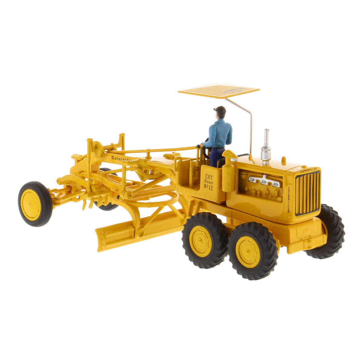 1:50th Scale CAT Yellow Diecast Model of a Caterpillar No. 12 Road Grader with Driver and Shade Umbrella Photographed on a White Background