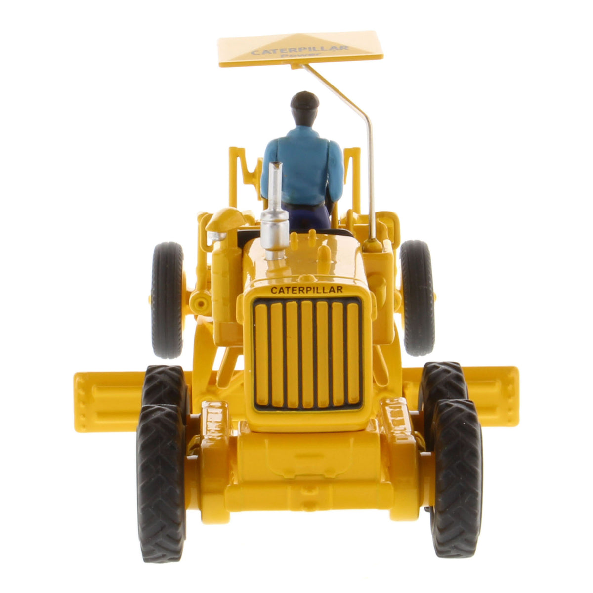 1:50th Scale CAT Yellow Diecast Model of a Caterpillar No. 12 Road Grader with Driver and Shade Umbrella Photographed on a White Background
