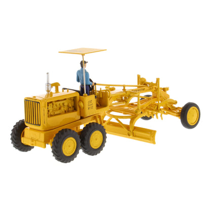 1:50th Scale CAT Yellow Diecast Model of a Caterpillar No. 12 Road Grader with Driver and Shade Umbrella Photographed on a White Background