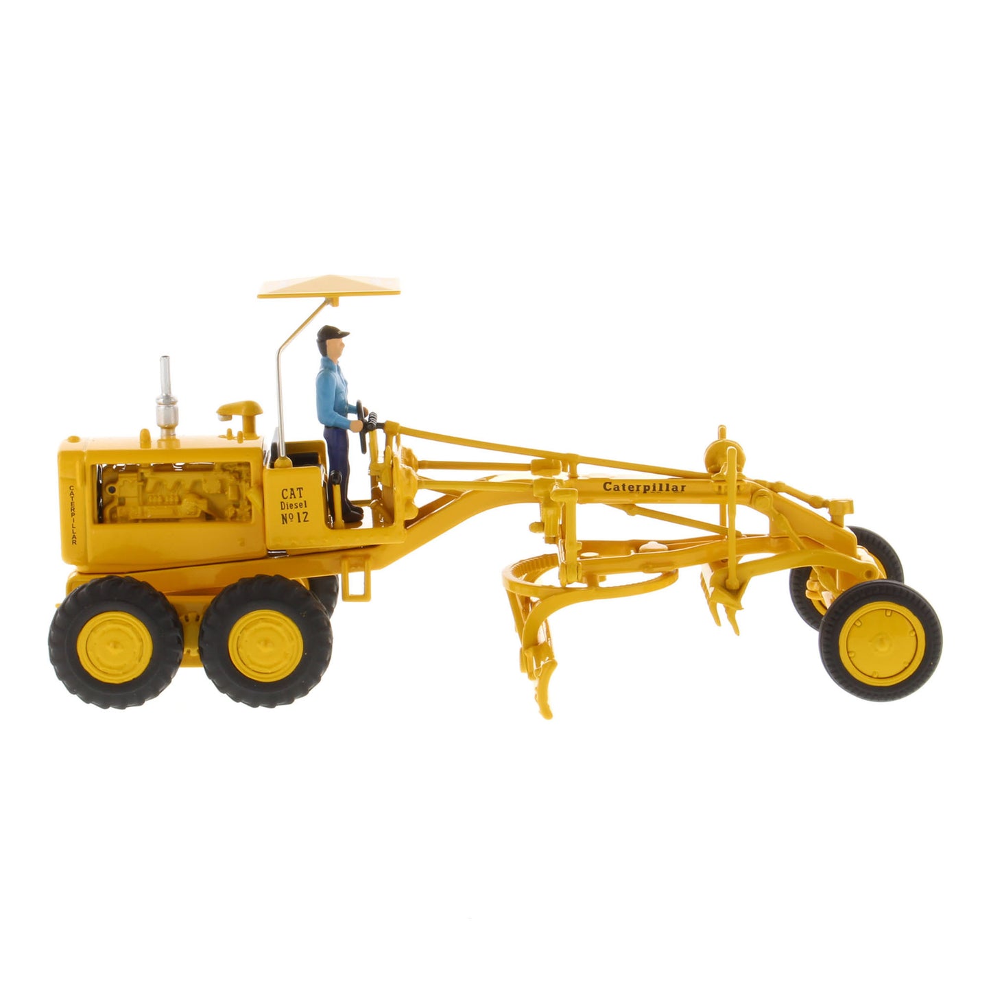 1:50th Scale CAT Yellow Diecast Model of a Caterpillar No. 12 Road Grader with Driver and Shade Umbrella Photographed on a White Background