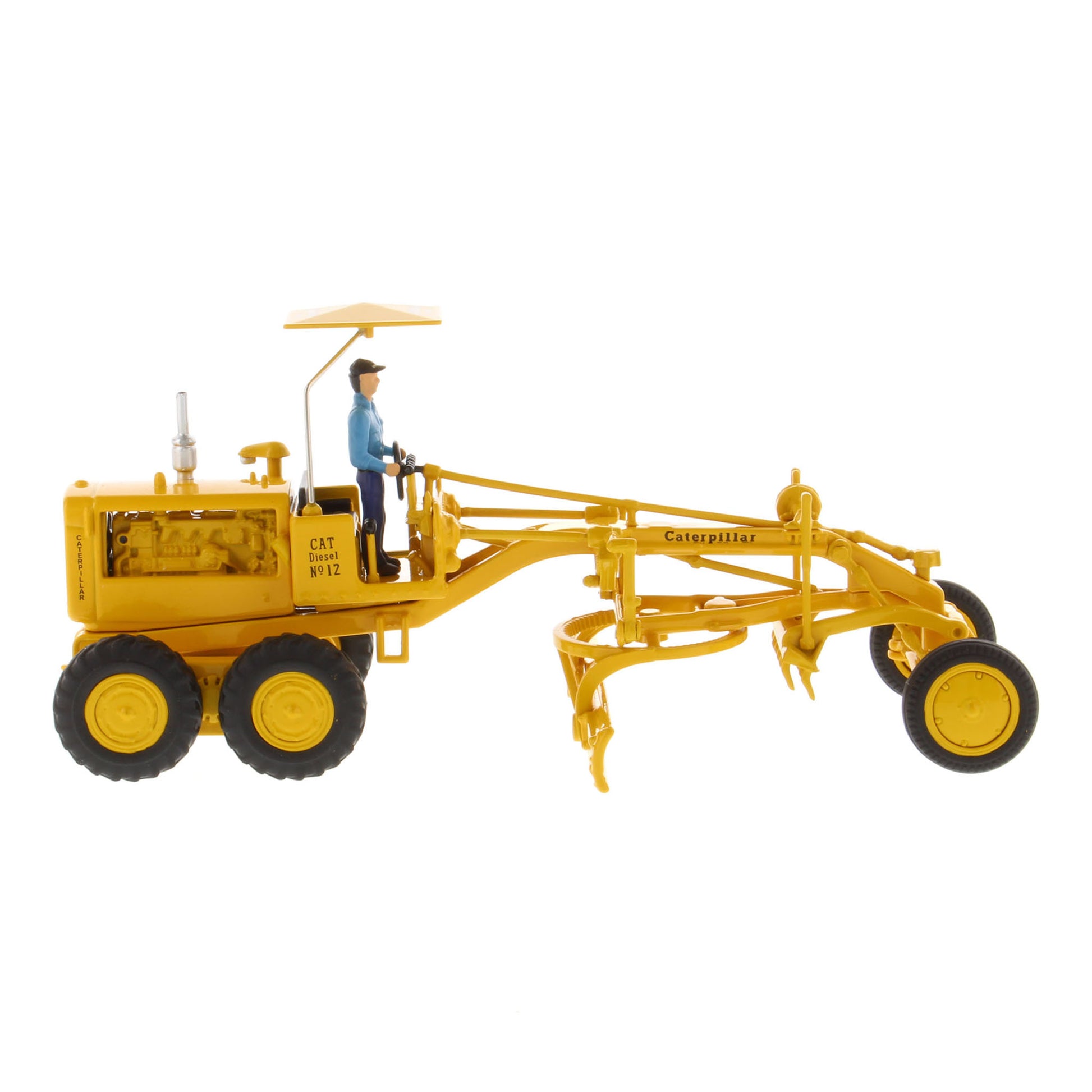 1:50th Scale CAT Yellow Diecast Model of a Caterpillar No. 12 Road Grader with Driver and Shade Umbrella Photographed on a White Background