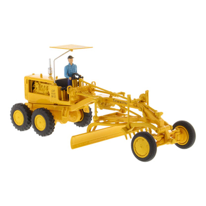 1:50th Scale CAT Yellow Diecast Model of a Caterpillar No. 12 Road Grader with Driver and Shade Umbrella Photographed on a White Background