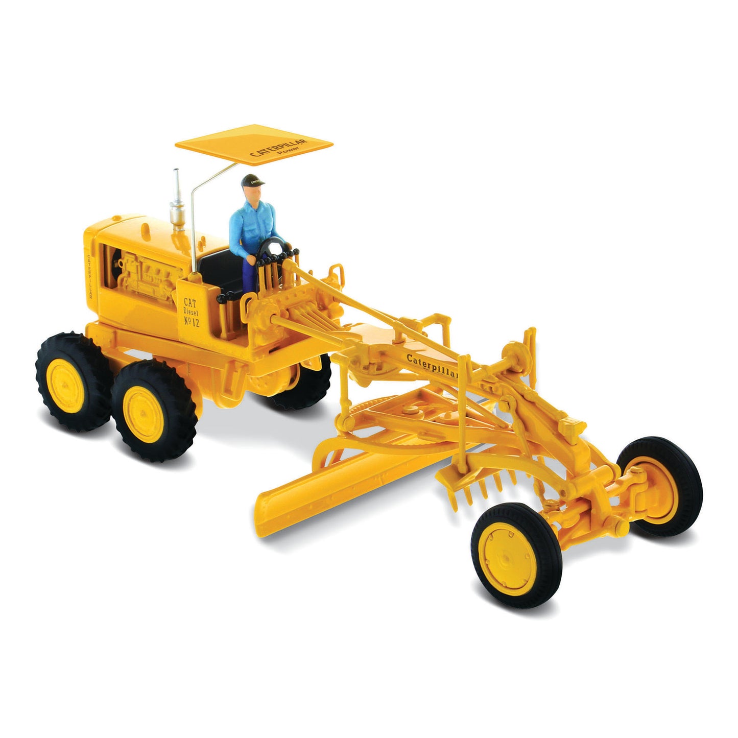 1:50th Scale CAT Yellow Diecast Model of a Caterpillar No. 12 Road Grader with Driver and Shade Umbrella Photographed on a White Background