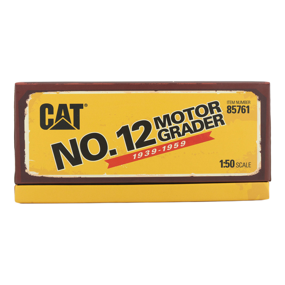 Flip Top Box Packaging with Wore Look Graphics, CAT Branding and Text Photographed on a White Background
